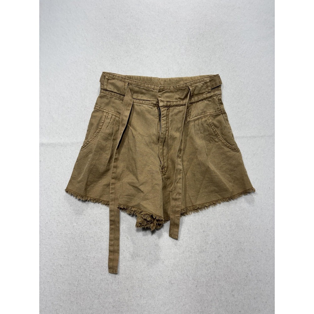 FP One Shorts Womens 4 Beige Chino Twill Belted Raw Hem Pleated Relaxed Fit